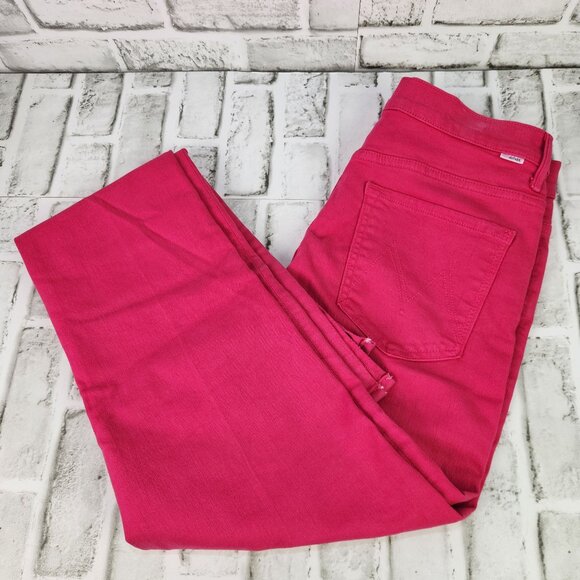 Mother High Waisted Runaway Slice Heel Women's Sz 32 Hot Pink Skinny Flare Jeans